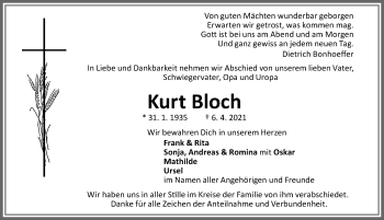 Traueranzeige von Kurt Bloch von Memminger Zeitung