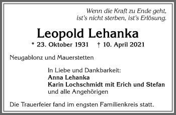 Traueranzeige von Leopold Lehanka von Allgäuer Zeitung, Kaufbeuren/Buchloe