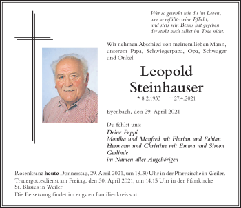 Traueranzeige von Leopold Steinhauser von Der Westallgäuer