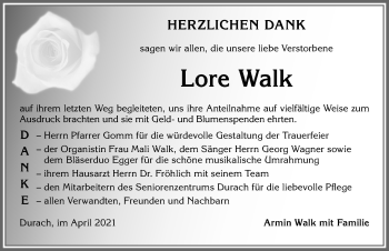 Traueranzeige von Lore Walk von Allgäuer Zeitung,Kempten