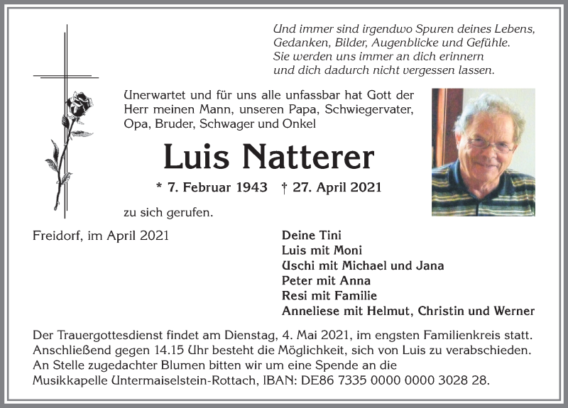  Traueranzeige für Luis Natterer vom 30.04.2021 aus Allgäuer Anzeigeblatt