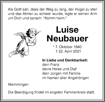 Traueranzeige von Luise Neubauer von Memminger Zeitung