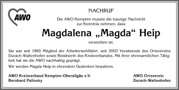 Traueranzeige von Magdalena Heip von Allgäuer Zeitung,Kempten