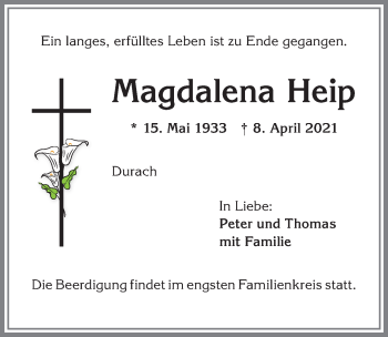 Traueranzeige von Magdalena Heip von Allgäuer Zeitung,Kempten