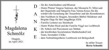 Traueranzeige von Magdalena Schmölz von Allgäuer Zeitung, Marktoberdorf