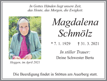 Traueranzeige von Magdalena Schmölz von Allgäuer Zeitung, Marktoberdorf