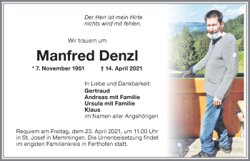 Traueranzeige von Manfred Denzl von Memminger Zeitung