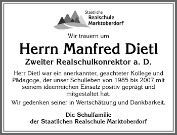 Traueranzeige von Manfred Dietl von Allgäuer Zeitung, Marktoberdorf
