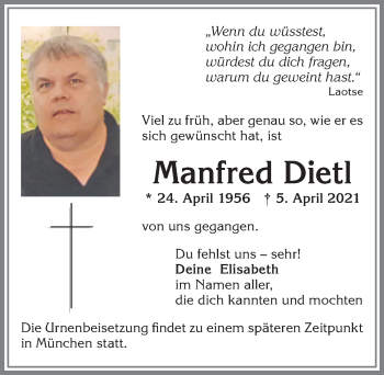 Traueranzeige von Manfred Dietl von Allgäuer Zeitung, Marktoberdorf