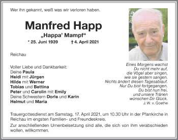 Traueranzeige von Manfred Happ von Memminger Zeitung