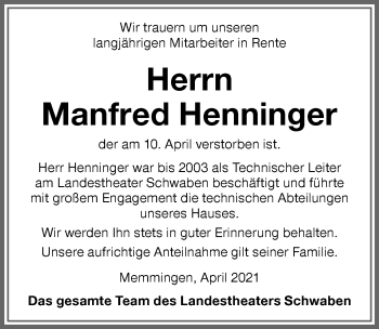 Traueranzeige von Manfred Henninger von Memminger Zeitung