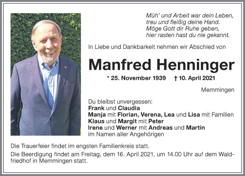  Traueranzeige für Manfred Henninger vom 13.04.2021 aus Memminger Zeitung