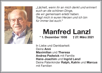 Traueranzeige von Manfred Lanzl von Memminger Zeitung