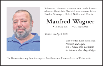 Traueranzeige von Manfred Wagner von Der Westallgäuer