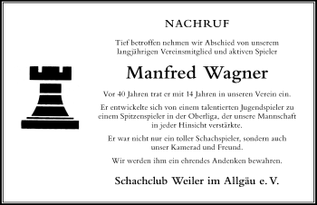 Traueranzeige von Manfred Wagner von Der Westallgäuer