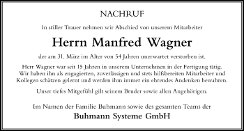Traueranzeige von Manfred Wagner von Der Westallgäuer