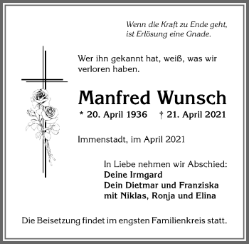 Traueranzeige von Manfred Wunsch von Allgäuer Anzeigeblatt
