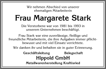 Traueranzeige von Margarete Stark von Allgäuer Zeitung, Marktoberdorf
