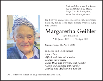 Traueranzeige von Margaretha Geißler von Der Westallgäuer
