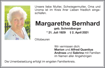Traueranzeige von Margarethe Bernhard von Memminger Zeitung