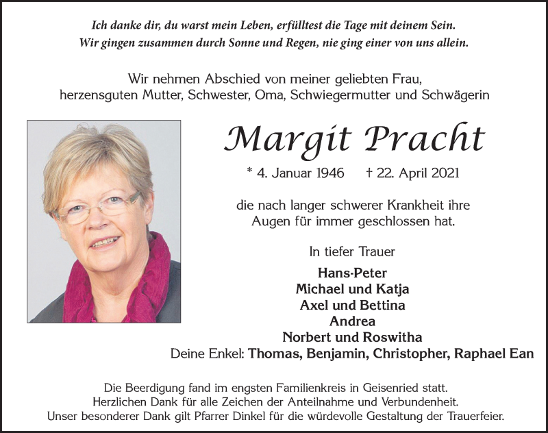  Traueranzeige für Margit Pracht vom 30.04.2021 aus Allgäuer Zeitung, Marktoberdorf