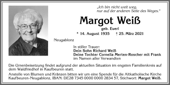 Traueranzeige von Margot Weiß von Allgäuer Zeitung, Kaufbeuren/Buchloe