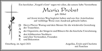 Traueranzeige von Maria Probst von Allgäuer Zeitung, Marktoberdorf