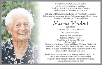 Traueranzeige von Maria Probst von Allgäuer Zeitung, Marktoberdorf