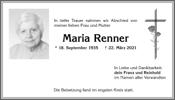 Traueranzeige von Maria Renner von Allgäuer Anzeigeblatt