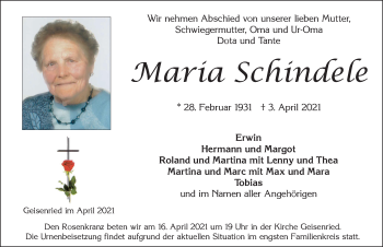 Traueranzeige von Maria Schindele von Allgäuer Zeitung, Marktoberdorf
