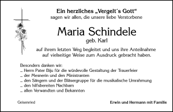 Traueranzeige von Maria Schindele von Allgäuer Zeitung, Marktoberdorf