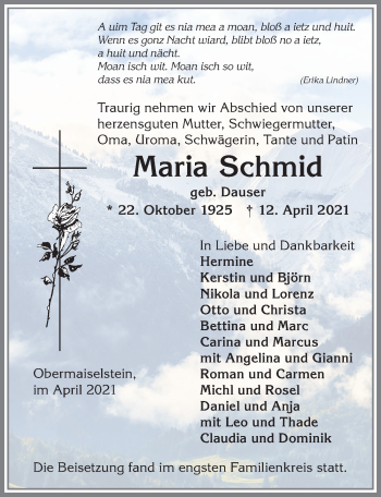 Traueranzeige von Maria Schmid von Allgäuer Anzeigeblatt