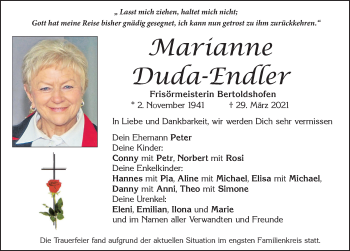 Traueranzeige von Marianne Duda-Endler von Allgäuer Zeitung, Marktoberdorf