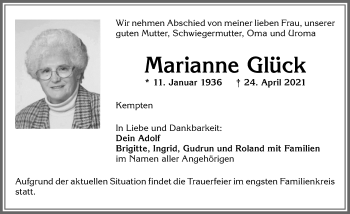 Traueranzeige von Marianne Glück von Allgäuer Zeitung,Kempten