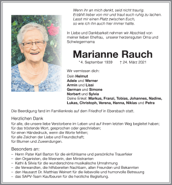 Traueranzeige von Marianne Rauch von Allgäuer Zeitung, Marktoberdorf