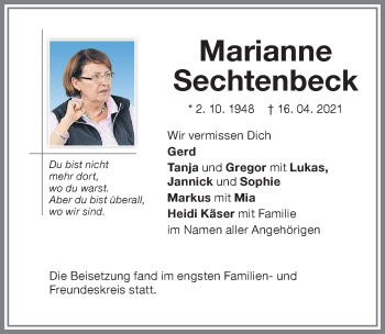 Traueranzeige von Marianne Sechtenbeck von Memminger Zeitung