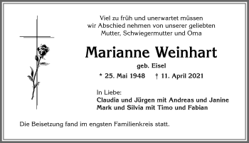 Traueranzeige von Marianne Weinhart von Allgäuer Zeitung, Marktoberdorf