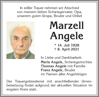 Traueranzeige von Marzell Angele von Allgäuer Zeitung,Kempten