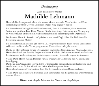Traueranzeige von Mathilde Lehmann von Der Westallgäuer