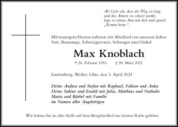 Traueranzeige von Max Knoblach von Der Westallgäuer