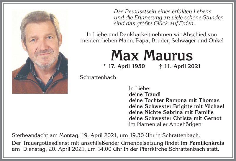  Traueranzeige für Max Maurus vom 16.04.2021 aus Allgäuer Zeitung,Kempten
