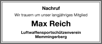 Traueranzeige von Max Reich von Memminger Zeitung