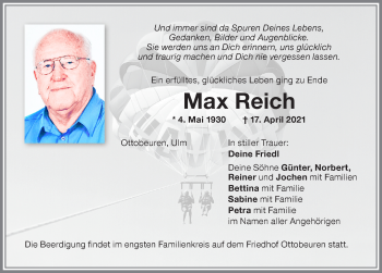 Traueranzeige von Max Reich von Memminger Zeitung