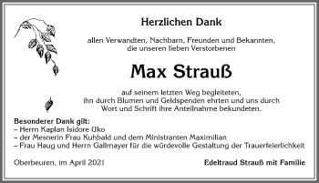 Traueranzeige von Max Strauß von Allgäuer Zeitung, Kaufbeuren/Buchloe