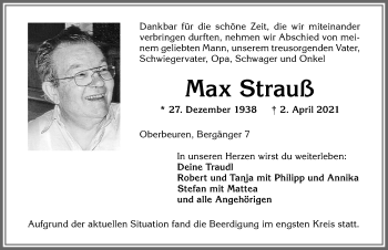Traueranzeige von Max Strauß von Allgäuer Zeitung, Kaufbeuren/Buchloe
