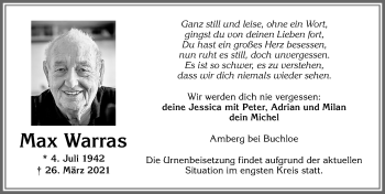 Traueranzeige von Max Warras von Allgäuer Zeitung