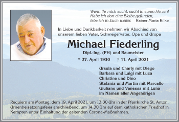 Traueranzeige von Michael Fiederling von Allgäuer Zeitung,Kempten