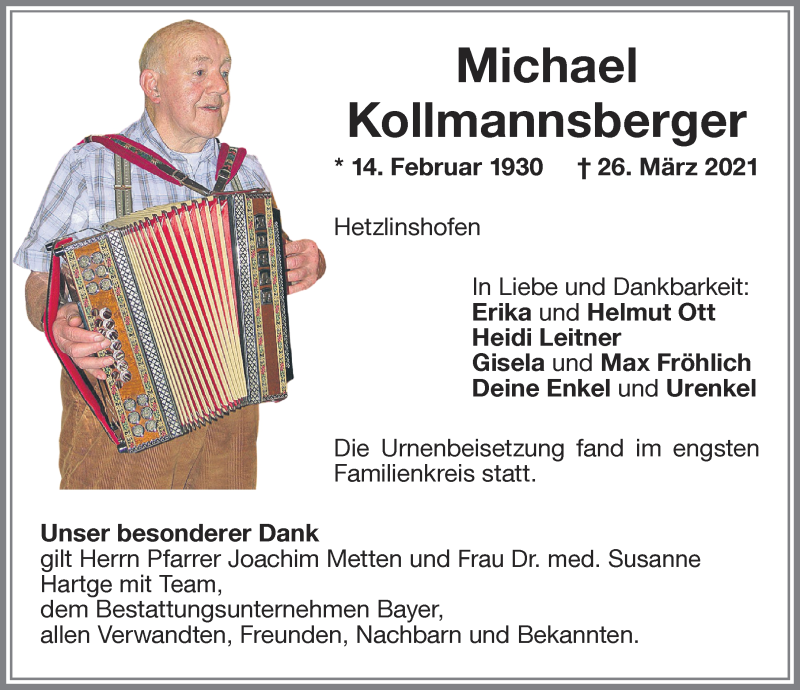  Traueranzeige für Michael Kollmannsberger vom 17.04.2021 aus Memminger Zeitung