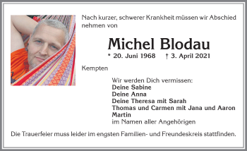 Traueranzeige von Michel Blodau von Allgäuer Zeitung,Kempten