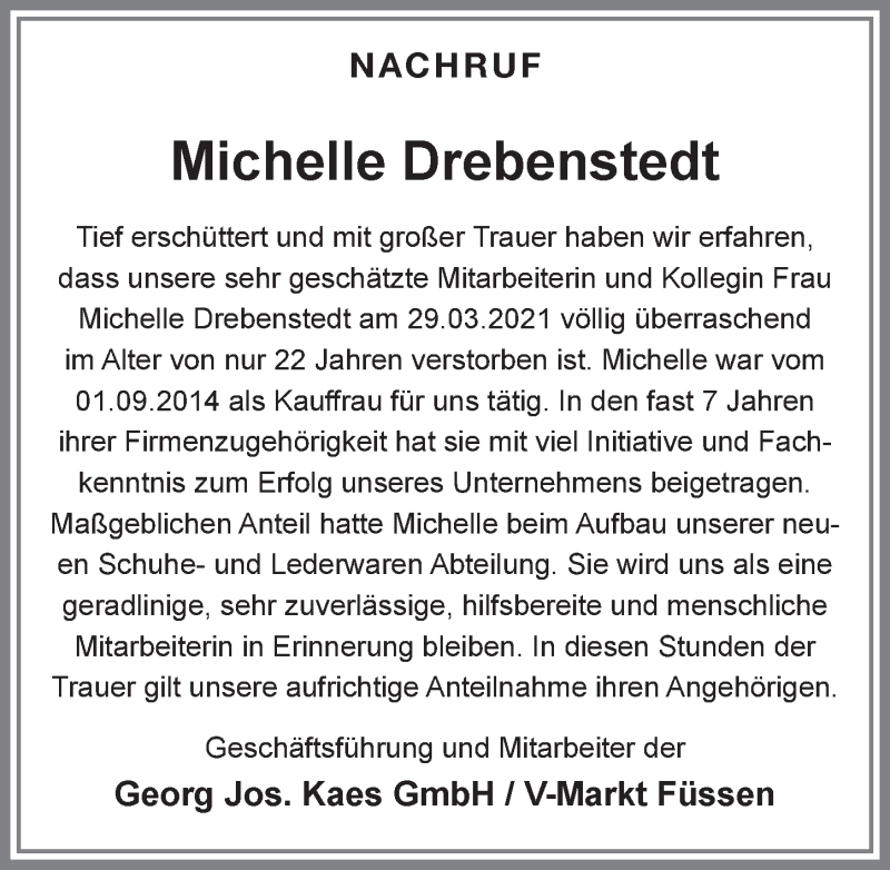  Traueranzeige für Michelle Drebenstedt vom 07.04.2021 aus Allgäuer Zeitung, Füssen